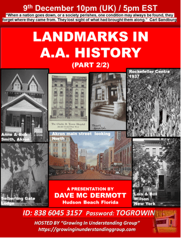 Dave Mc Dermott presents Landmarks In AA History – Friday Night Recovery Meeting -12/09/22