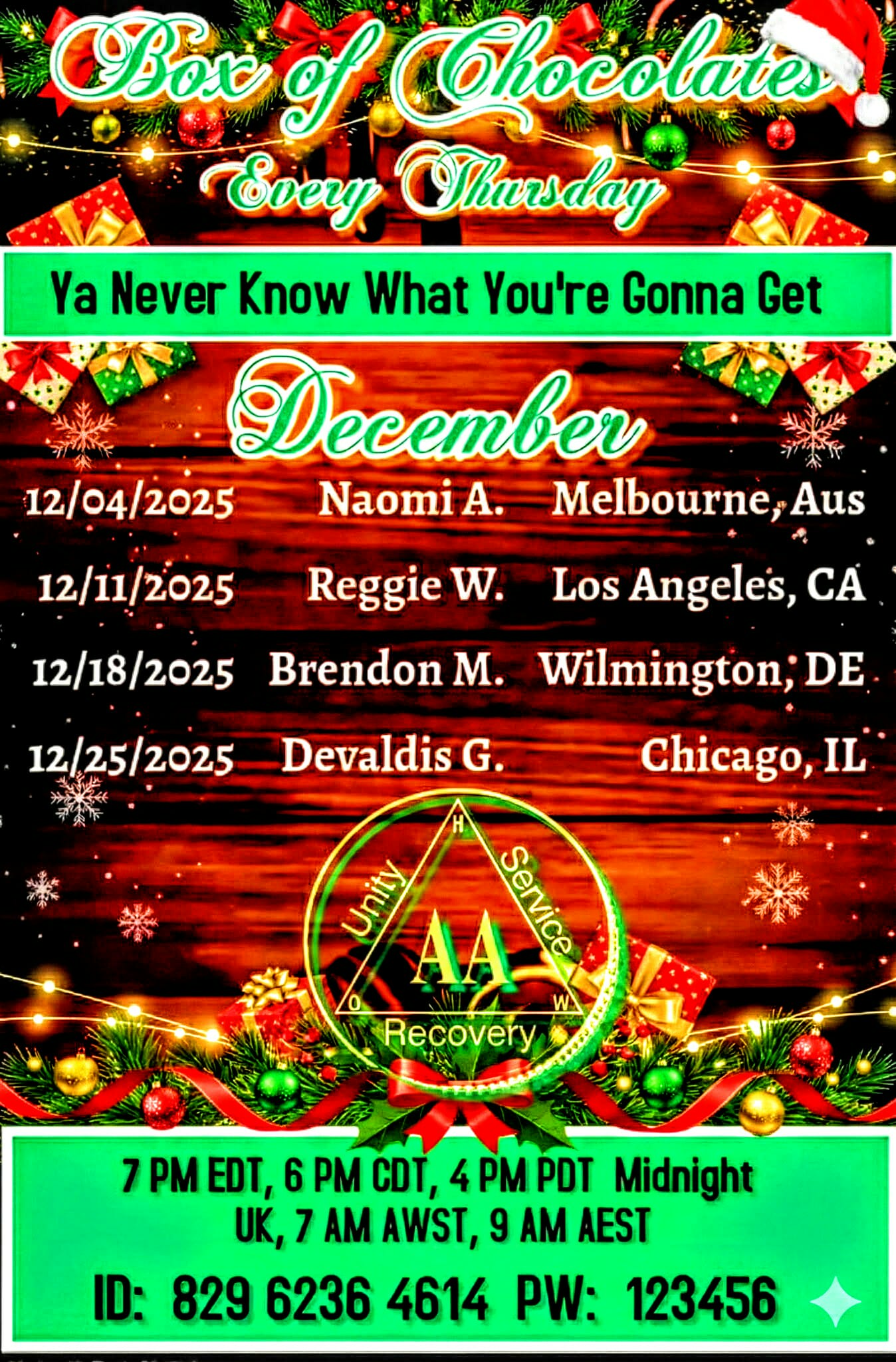 Naomi A. speaking at the Box of Chocolates meeting on 12/4/2025